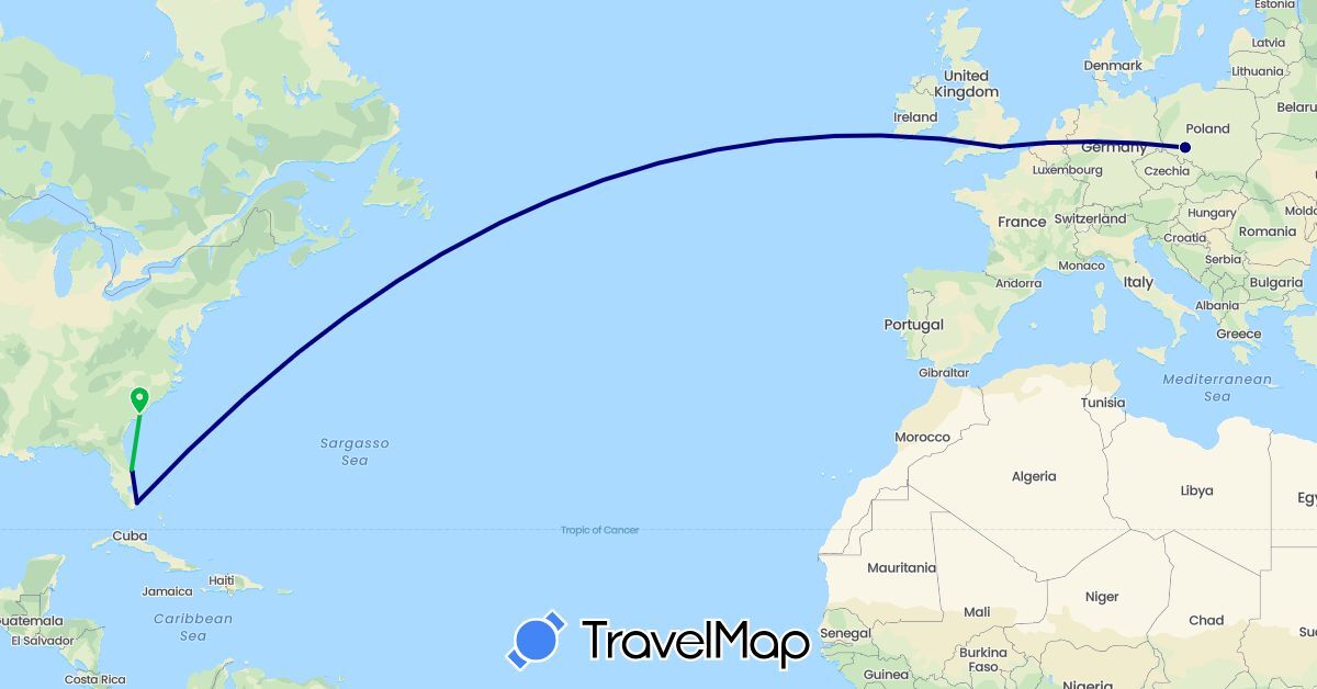 TravelMap itinerary: driving, bus in United Kingdom, Poland, United States (Europe, North America)